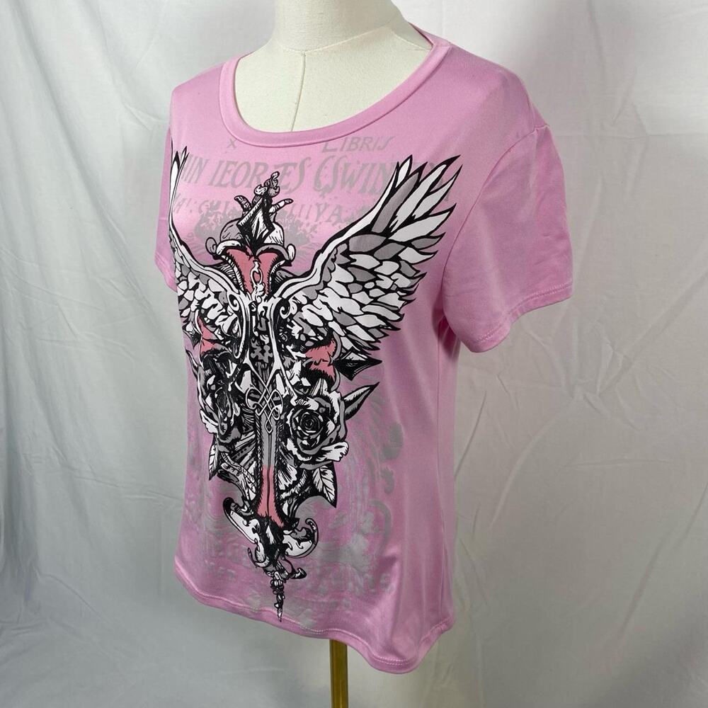 Wild Love pink winged cross t shirt size large y2k grunge preppy emo - Picture 3 of 5